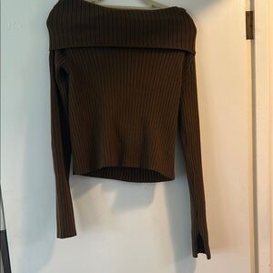 Brown Off-Shoulder Ribbed Sweater